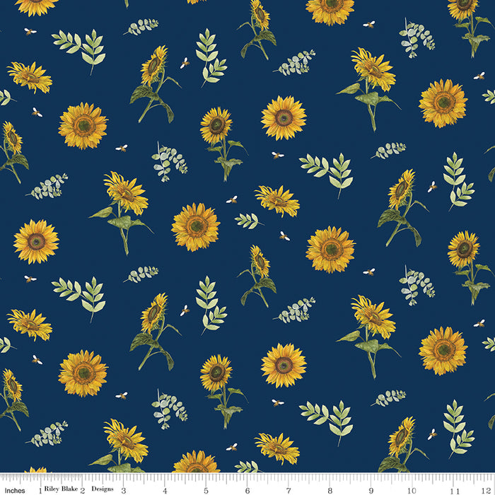 Honey Bees and Flowers Please | Sunflowers and Bees | Navy | End of Bolt 9x44