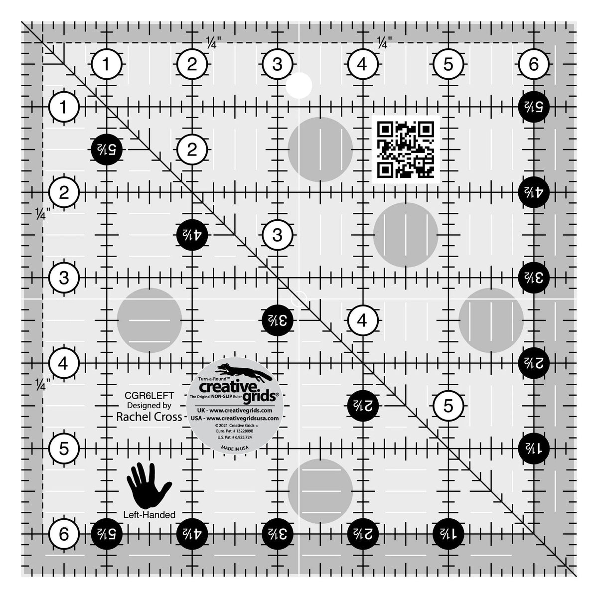 Canvas.left Ruler Creative Grids Left Handed Quilt Ruler 6-1/2in Square — Fabric Roost, LLC