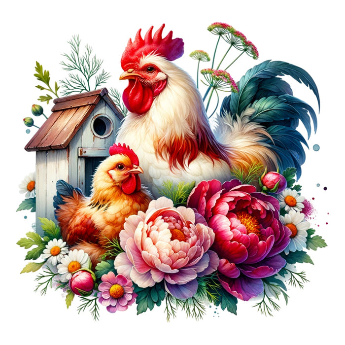 Watercolor Floral Chicken Fabric Panel 1